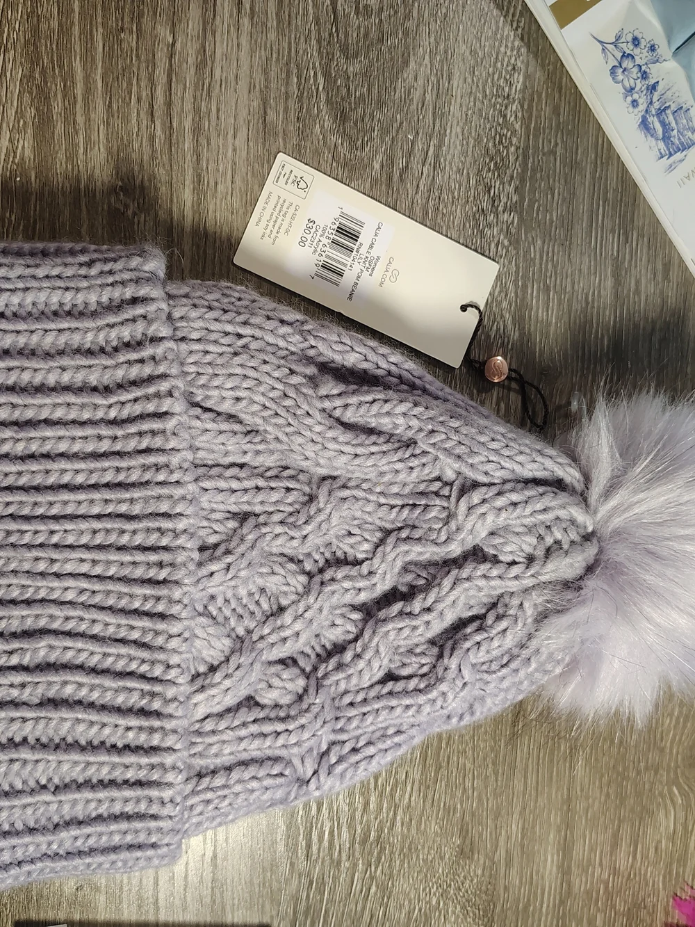 CALIA Women’s Light Purple Lily Cable-Knit Pom Pom Beanie Hat Lined One Size